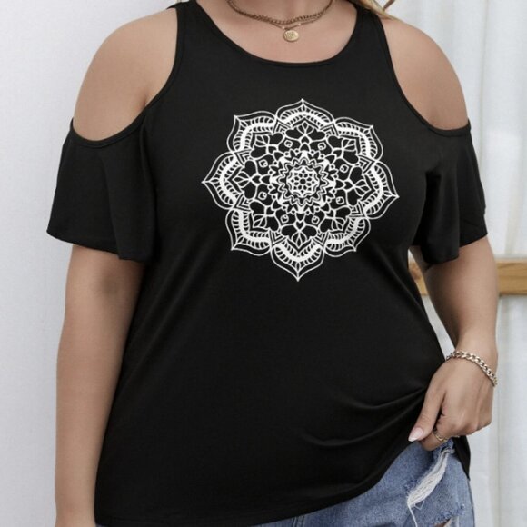 Shein Plus Cold Shoulder Floral Tee Size 4XL Black Mandala Boho Top Casual Loose - Picture 2 of 6